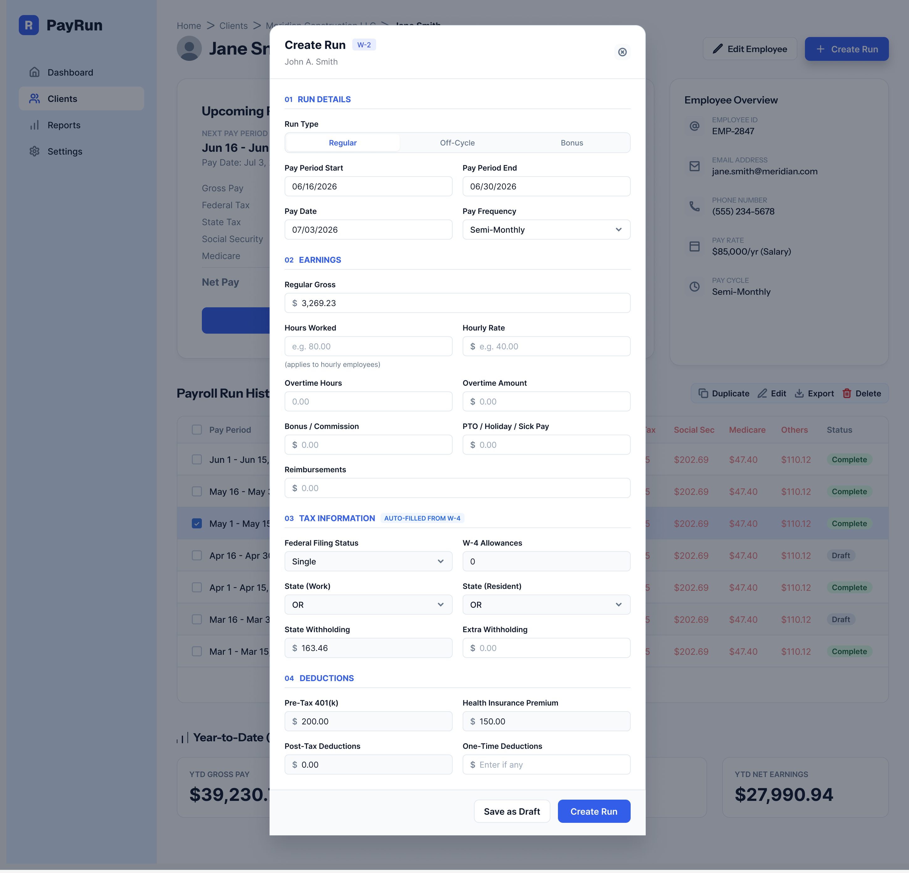 Create Payroll Run modal on desktop: run details, earnings, tax information auto-filled from the W-4, and deductions in one scrolling form