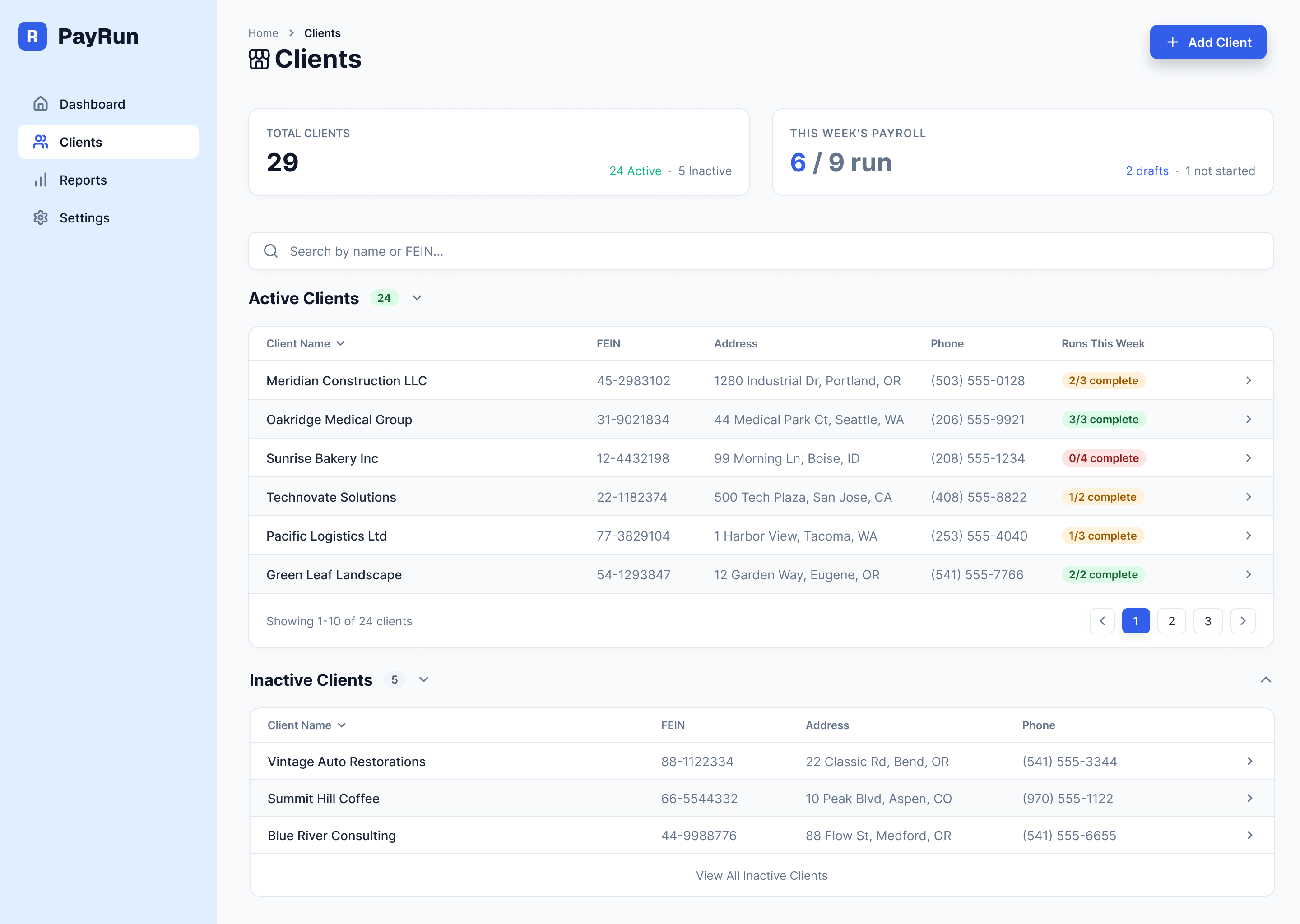 PayRun Clients page: total clients and payroll-due-soon cards above active and inactive client tables